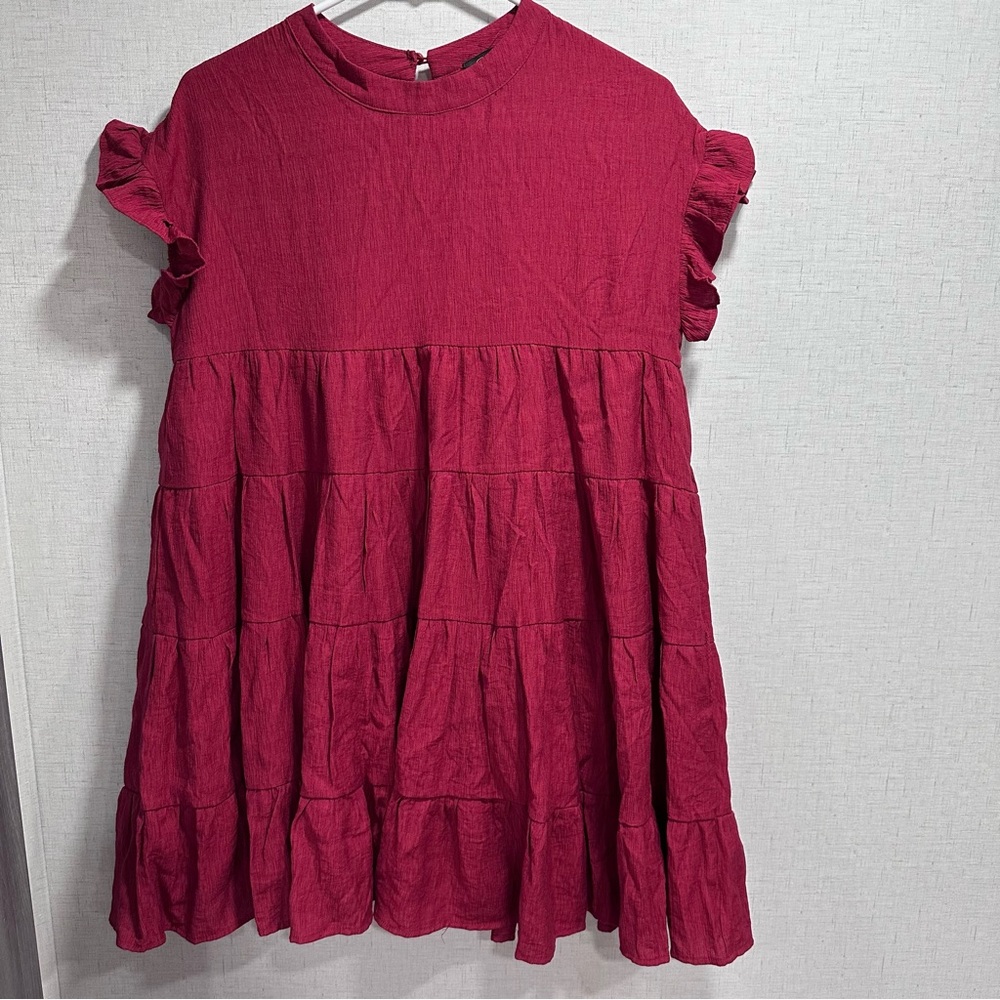 Crimson Red Gauze Tiered Mini Babydoll Dress Petal Roz Womens Small Ruffles boho